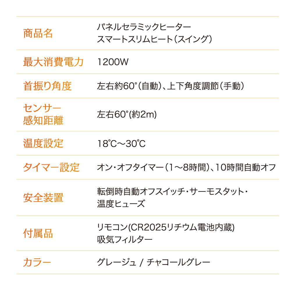 セラミックヒーター 1200W 首振り ヒーター 節電センサー スリム パネルヒーター リモコン タイマー 温度設定 速暖 暖房 足元 オフィス 寝室 スリーアップ スマートスリムヒート スイング CH-T2695GG