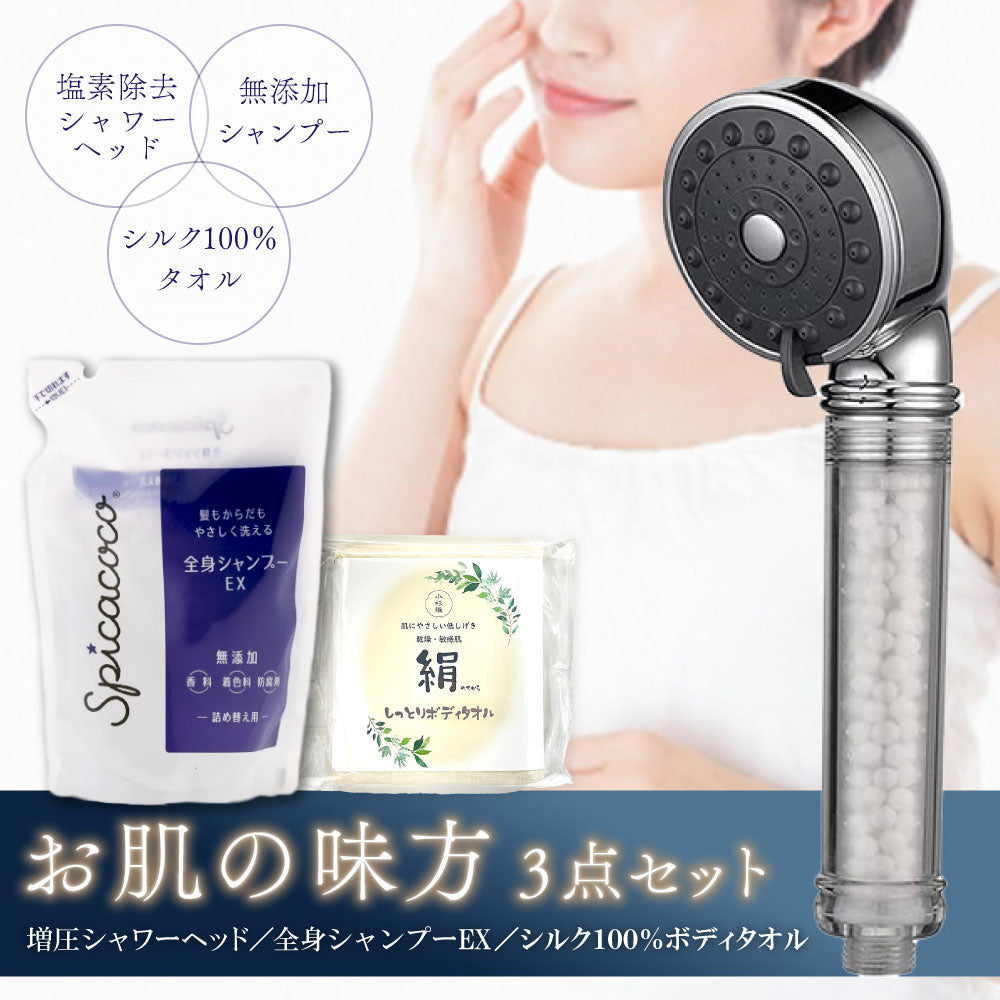 シャワーヘッド&シャンプー&タオルセット 増圧ナノバブルシャワーヘッド スピカココ 全身シャンプーEX詰替500ml シルク100% ボディタオル ボディウォッシュタオル 国産 風呂 ナノバブル 節水 3段階 マイクロバブル