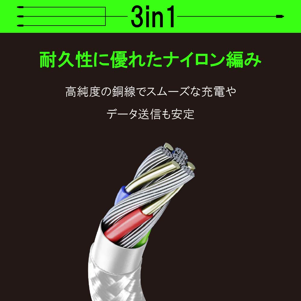 3in1 充電ケーブル USB Type-C to タイプC ケーブル 3台 一本三役 Type C 3本 iPhone15 USB-C 高速充電 長さ 1.2m データ伝送ケーブル Android対応 Galaxy対応 Xperia対応 AQUOS対応 HUAWEI対応ケーブル usbケーブル スマホ ケーブル アンドロイド 車 充電コード