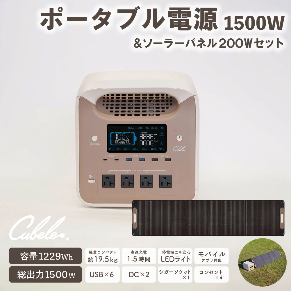 【セット商品】INBES ポータブル電源 1500W ソーラーパネル 200W セット リン酸鉄リチウムイオン電池 USB 6個 コンセント LED シガーソケット 安全 持ち運び 長寿命 高速充電 防災 対策 防災製品等推奨品 認証