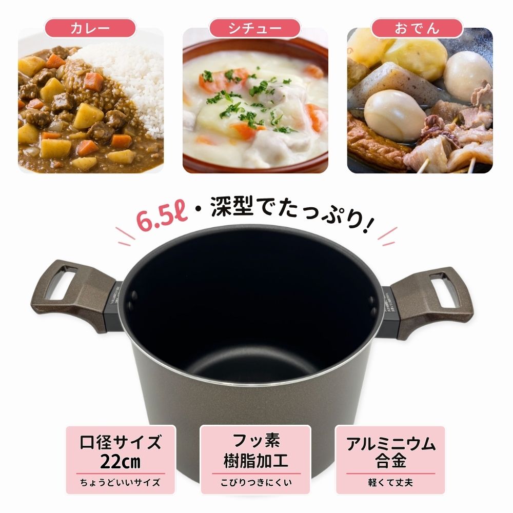 寸胴鍋 22cm 6.5L IH対応 ガス火対応 オール熱源対応 深型 両手鍋 ガラス蓋付き フッ素樹脂加工 カレー シチュー おでん グットコット