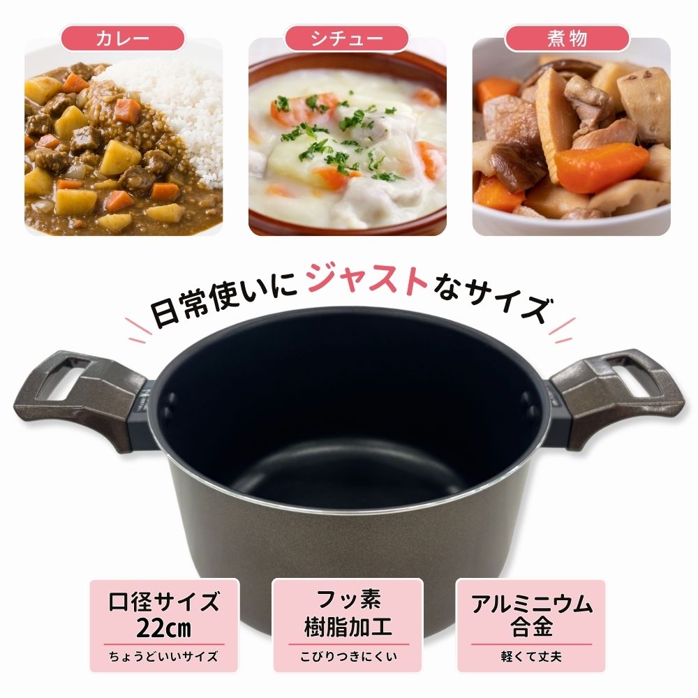 半寸胴鍋 22cm 4.4L IH対応 ガス火対応 深型 両手鍋 ガラス蓋付き フッ素加工 煮込み鍋 カレー シチュー 煮物 グットコット